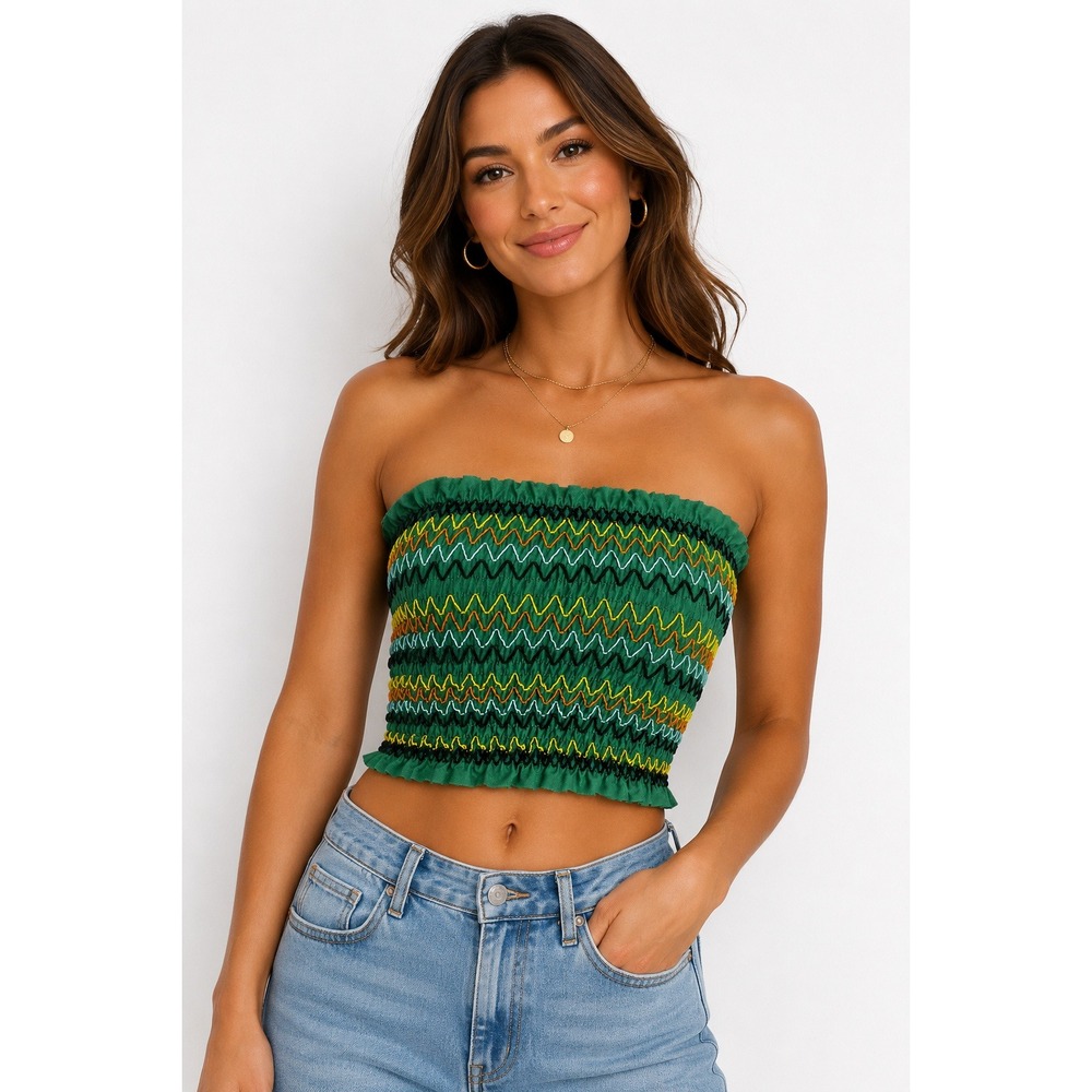 Women's Green Smocked Tube Top Strapless Crop‎ Top Size S Boho Festival Summer